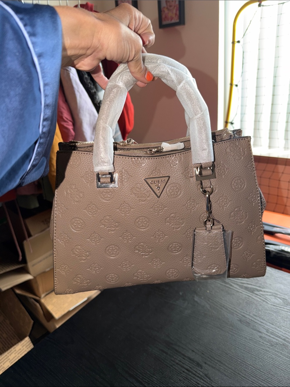 NWT Guess Tan Embossed Satchel with Removable Strap